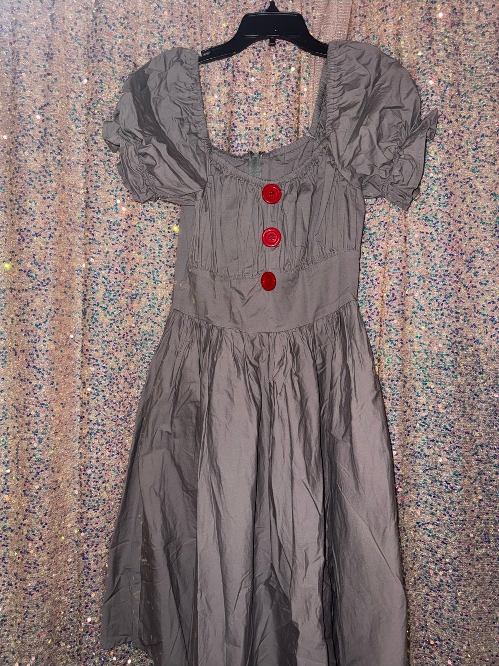 Vixen by Micheline Pitt Gray Puff Sleeve Dress with Red Buttons